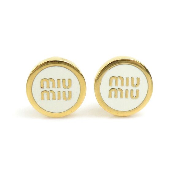 Auth MIUMIU Pierce Earrings Gold/White Metal/Enamel